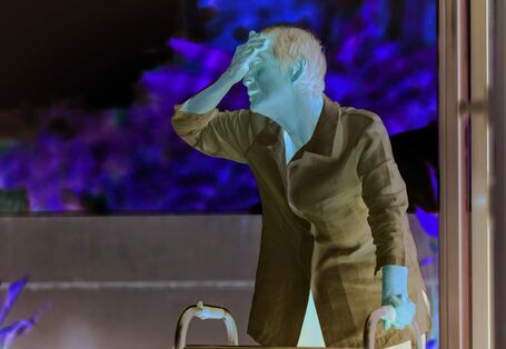 Das Bild zeigt eine ältere Frau mit weißer Bluse. Die Dame hält sich den Handrücken an die Stirn. Im Hintergrund ist sind verschwommen Baumkronen oder Sträucher in hellem Licht zu sehen.