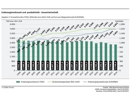 In der Abbildung ist ein Balkendiagramm dargestellt, welches den jährlichen Endenergieverbrauch zwischen 1990 und 2024 darstellt. Darüber hinaus sind Endenergieproduktivität und Bruttoinlandsprodukt darüber als Liniendiagramm abgebildet. Es ist ersichtlich, dass Endenergieproduktivität stetig steigt, ebenso das Bruttoinlandsprodukt, welches jedoch einen sichtbaren Rückgang seit 2022 aufzeigt.