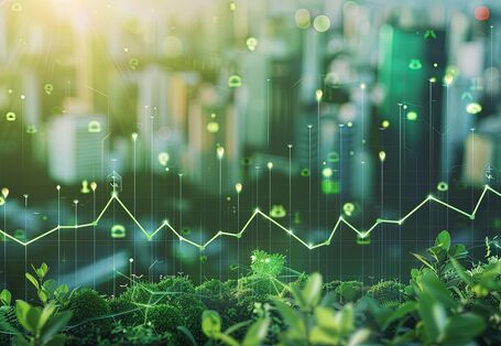 Eine konzeptionelle Visualisierung der Öko-Innovation mit grünen Datenpunkten, die aus der städtischen Flora vor dem Hintergrund einer Stadtlandschaft aufsteigen