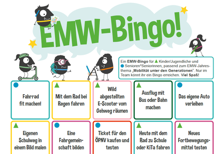 Bild des BINGO-Zettels mit unterschiedlichen Aufgaben, die im Rahmen der Europäischen Mobilitätswoche erledigt werden können. Die Aufgaben richten sich jeweils an unterschiedliche Generationen. 