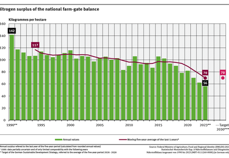A graph shows the agricultural nitrogen surpluses for individual years and as rolling 5-year means between 1990 and 2023. The 5-year-mean nitrogen surpluses in kilogrammes per hectare dropped from 117 to 70. The target for 2026-2030 is 70 kilogrammes per hectare and year. 
