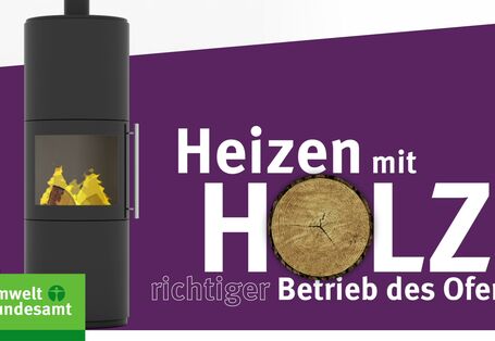 Grafik mit Darstellung eines Kaminofens, daneben der Schriftzug "Heizen mit Holz. richtiger Betrieb des Ofens"