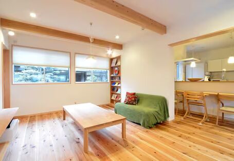 Das Bild zeigt ein Zimmer mit einem Sofa mit grünem Überwurf und roten Kissen, mit hellen holzbelassenen Einrichtungsgegenständen, Fußbodendielung und Deckenbalken.