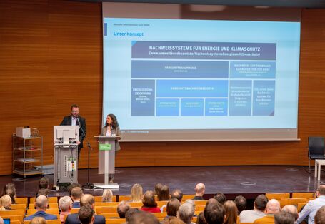 Stephan Theuerkorn und Elke Mohrbach stehen auf der Bühne im holzvertäfelten UBA-Hörsaal. Der Mann spricht in ein Mikrofon. Im Vordergrund sind die Hinterköpfe des Publikums abgebildet. Im Hintergrund wird eine Präsentation projiziert.