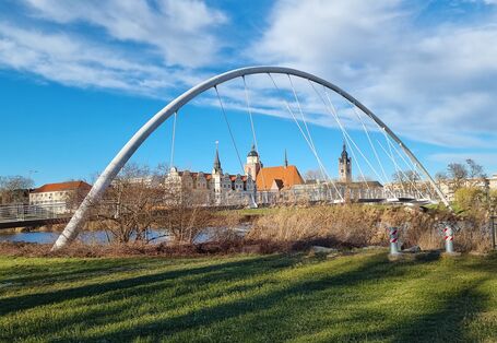 Ansicht der Stadt Dessau-Roßlau über die Tiergartenbrücke „Der Eierschneider“