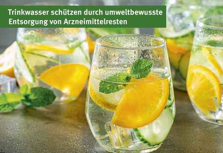 Photo of drinking glasses filled with water, mint leaves and lemon slices featuring the text: Protect drinking water by disposing of drugs in an environmentally conscious way