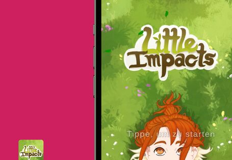 Grafik mit der Aufschrift: Gaming trifft Nachhaltigkeit: Little Impacts. Bild eines Smartphones und Hinweise zum Download auf Google Play und im App Store.