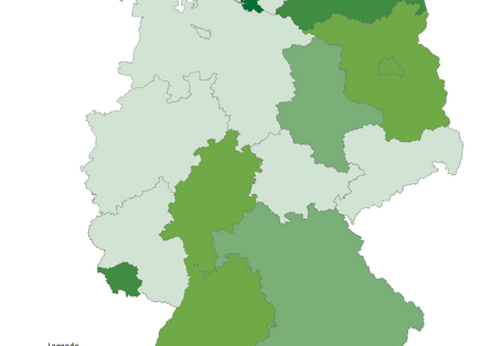 Darstellung der Anteile der landwirtschaftlich genutzten Fläche im ökologischen Landbau an der landwirtschaftlich genutzten Fläche insgesamt im Jahr 1999. In Hamburg liegt der Anteil zwischen 8 und 10 Prozent, in Mecklenburg-Vorpommern und dem Saarland zwischen 6 und 8 Prozent. In Brandenburg, Berlin, Baden-Württemberg und Hessen liegt der Anteil zwischen 4 und 6 Prozent. In den anderen Ländern liegt der Anteil zwischen 0 und 4 Prozent. 