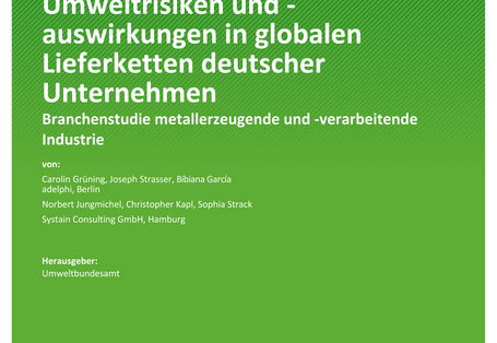 Cover des Berichts "Umweltrisiken und -auswirkungen in globalen Lieferketten deutscher Unternehmen - Branchenstudie metallerzeugende und -verarbeitende Industrie"