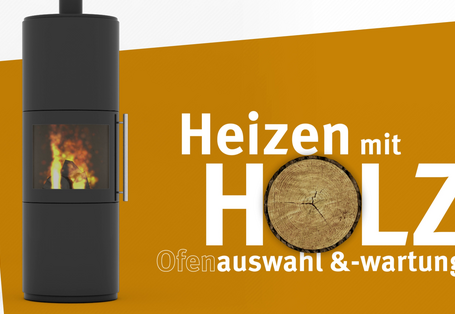 Eine Kaminofen, in dem Holz brennt. Daneben der Schriftzug "Heizen mit Holz - Ofenauswahl und -wartung"