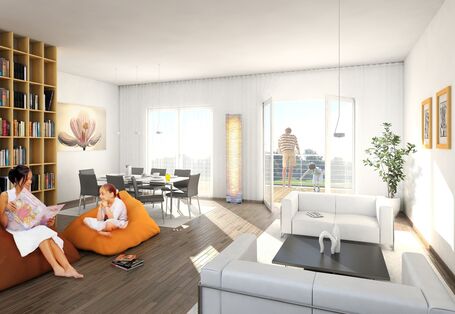 Es wird ein Wohnzimmer mit einem großen Regal, zwei gegenüberstehenden Sofa und zwei große Sitzkissen dargestellt. Auf den beiden Sitzkissen sitzen eine Frau mit einer Zeitung in der Hand und ein Mädchen. Die Frau scheint dem Mädchen vorzulesen.