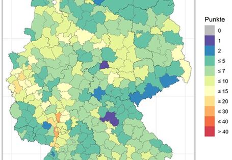 Eine Deutschlandkarte zeigt auf Landkreisebene die Grundwasserrisikogebiete