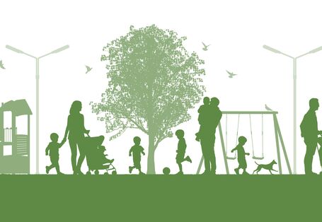 Das Bild zeigt eine grüne Parklandschaft mit Personen, Tieren und Pflanzen.