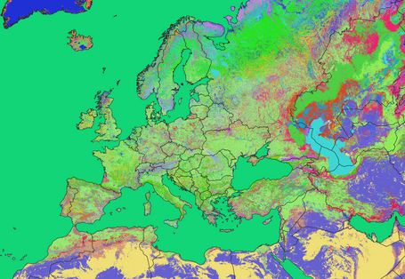 Weltkartenausschnit Fokus EU, Rezeptoren mit unterschiedlichen Farbgebungen