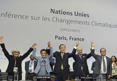 Bild des Abschlussplenums der 21. Weltklimakonferenz: "They did it!" Auf der 21. Weltklimakonferenz 2015 in Paris gelang ein Durchbruch beim Klimaschutz.