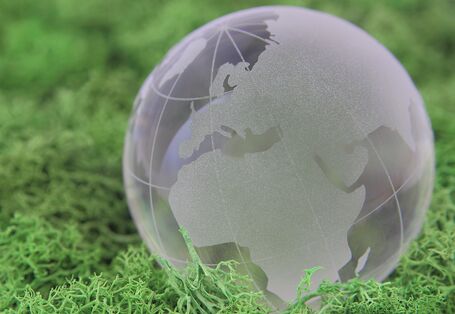 The picture shows a modell of the earth in green gras.