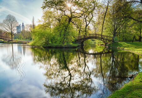 A bridge over water in a city park.