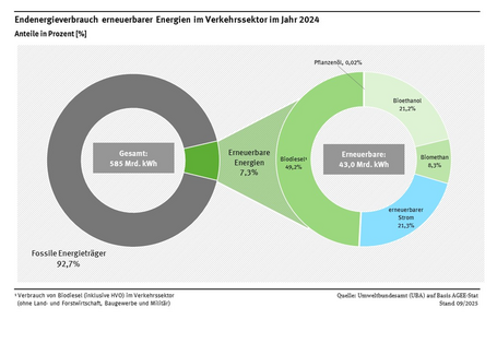 Kreisdiagramm: Der gesamte Verbrauch erneuerbarer Energien im Verkehr betrug im Jahr 2024 43,0 Terawattstunden. Davon 49 % Biodiesel, 21 % Bioethanol, 21 % Strom, 8 % Biomethan und weniger als 0,1 % Pflanzenöl. Die erneuerbaren Energieträger im Verkehr (7,3%) sind den konventionellen Energieträgern im Verkehr (92,7%) gegenübergestellt.