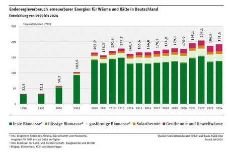 Das Diagramm zeigt die Entwicklung der Wärme- bzw. Kälteproduktion aus erneuerbaren Energien für 1990, 1995, 2000, 2005 und ab dem Jahr 2010 als gestapelte Balken. Die gesamte Wärmeproduktion aus EE steigt insgesamt langsam an. Im Jahr 2022 wurden mit 204,1 TWh Wärme aus erneuerbaren Energieträgern der bisherige Rekordwert erreicht. Dieser bisherige Rekordwert wurde im Jahr 2024 mit 191,5 TWh verfehlt.