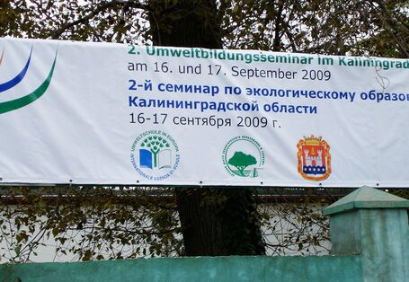 Фотография баннера у входа в здание, где проходили мероприятия