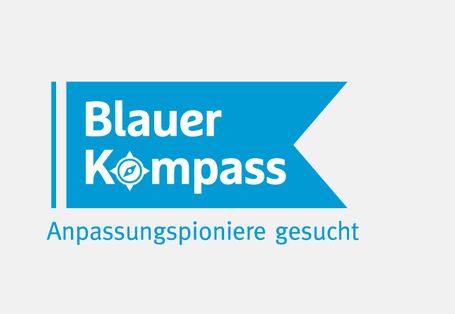 Schriftzug Blauer Kompass auf blauer Fahne, darunter Schriftzug Anpassungspioniere gesucht