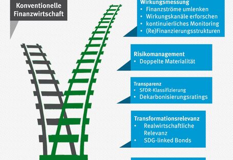 Insgesamt werden 15 Empfehlungen zur systematischen Integration von Nachhaltigkeitsaspekten in der Finanzwirtschaft entwickelt und erläutert, die sich auf die Dimensionen: Transformationsrelevanz, Transparenz über die Nachhaltigkeit von Finanzprodukten, Risikomanagement mit Blick auf Nachhaltigkeitsrisiken, sowie die Wirkungsmessung nachhaltiger Investitionen aufteilen. Sie werden im Folgenden näher erläutert.