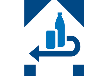 Produktkennzeichnung für bepfandete Einweg-Getränkeverpackungen: Piktogramm einer Flasche und einer Dose und ein Pfeil, der die Rücknahme symbolisiert