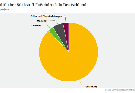 Die Grafik zeigt ein Tortendiagramm mit dem durchschnittlichen Stickstofffussabdruck in Deutschland. Ernährung verursacht dabei 19,57 kg N/Jahr, Mobilität 1,33 kg N/Jahr, Haushalt und Güter, Dienstleistungen jeweils 0,67 kg N/Jahr.