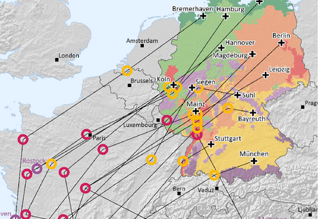 Zu sehen sind die beschriebenen Klimaanalogien der deutschen Städte in einer Europakarte