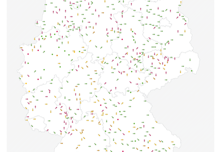 Abbildung 5: Messstellenscharfe Darstellung der mittleren Nitratkonzentrationen (Farbcode) an den 679 Messstellen des EU-Nitratmessnetzes für den Zeitraum 2020-2022. Änderungen der Nitratkonzentrationen gegenüber dem vorherigen Berichtszeitraum (2016 bis 2019) an den 621 gemeinsamen (konsistenten) Messstellen sind durch unterschiedlich stark geneigte Pfeile angegeben