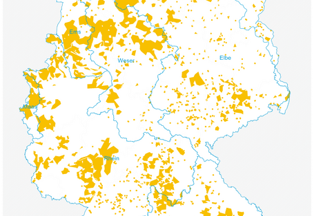 Abbildung 1: Dargestellt ist eine Karte Deutschlands, in der die nitratbelasteten Gebiete eingezeichnet sind. 