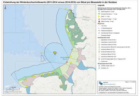 Abbildung 1: Entwicklung der Winterdurchschnittswerte (Zeitraum November bis Februar/März) von Nitrat für Küsten- und Meeresgewässer der Nordsee pro Messstelle zwischen dem vorherigen Berichtszeitraum (November 2011 bis Februar/März 2014) und dem aktuellen Berichtszeitraum (November 2014 bis Februar/März 2018)