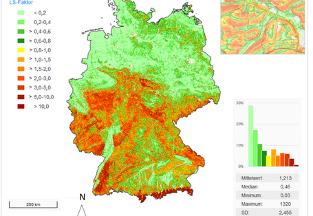Hanglängen- und Hangneigungsfaktor (LS-Faktor) der Allgemeinen Bodenabtragsgleichung (ABAG) mit Detailansicht (rechts oben) 
