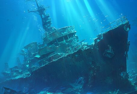 Das Bild zeigt das Wrack eines Kriegsschiffes aus dem Zweiten Weltkrieg von der Seite.