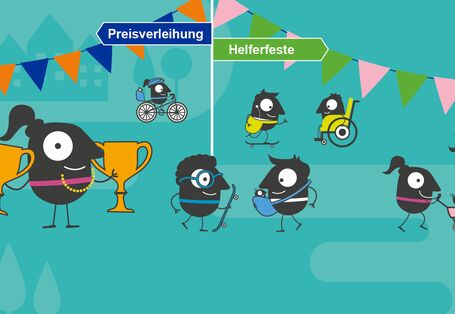 EMW-Maskottchen fruen sich über ihre Pokale unter einer Girlande