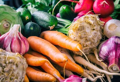 Verschiedene Gemüse wie Möhren, Knoblauch, Sellerieknollen und eine Zucchini
