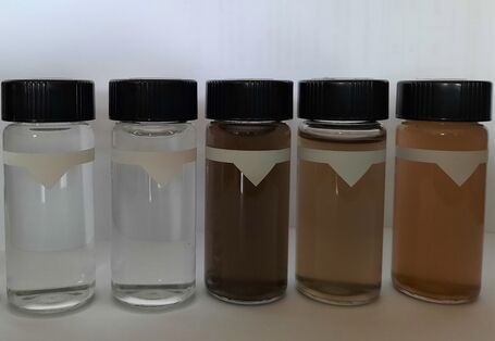5 laboratory bottles with differently coloured liquid from transparent to brown-black.