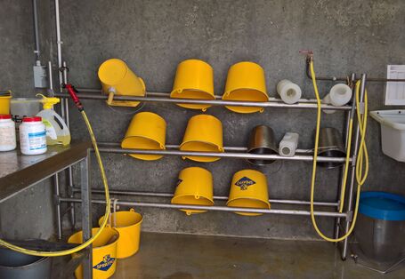 Das Bild zeigt mehrere Tränkeimer, die in einem Raum mit gekacheltem Boden und Waschbecken in einem Regal aufbewahrt werden.