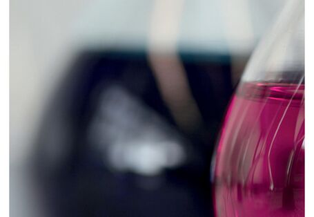 Cover von "Anpassung an den Klimawandel: Chemieindustrie" mit einem Foto eines Glasgefäßes mit einer dunklen Flüssigkeit