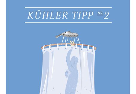 Grafik einer Person unter der dusche mit dem Tipp öfter eine kühle Dusche zu nehmen oder ein Fußbad