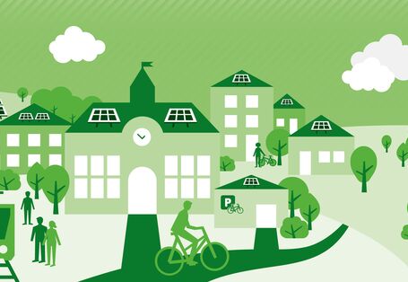 Die Graphik zeigt schematisch eine klimafreundliche Kommune, die ihre Handlungsmöglichkeiten für den Klimaschutz eingesetzt hat. Dadurch ist sie fahrradfreundlich und produziert viele erneuerbare Energien auf ihrem Gebiet.