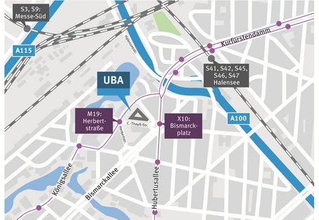 Stadtplanausschnitt: Das UBA ist am Bismarckplatz gelegen, nicht weit von Bus- und S-Bahn-Stationen