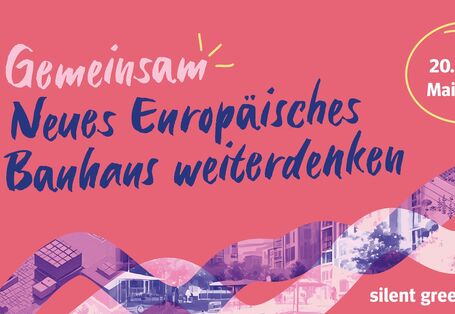 Rot-blauer Konferenzbanner mit Visualisierung zum Thema Stadt, Raum und Transformation