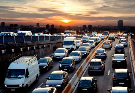 traffic jam on a motorway at dawn
