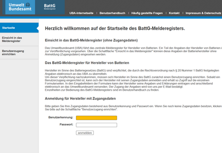 Startseite des Batteriegesetz-Melderegisters