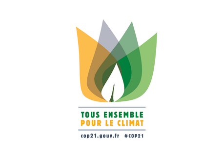 Logo des COP21-Klimagipfels mit einem Eifelturm und stilisierten Blättern und der Unterschrift: Tous ensemble pour le climat