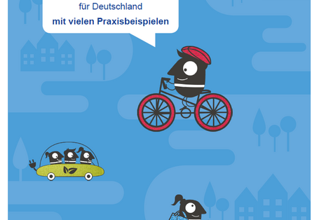 Cover der Broschüre "Europäische Mobilitätswoche: Leitfaden für Deutschland mit vielen Praxisbeispielen" mit Piktogrammen von Fußgängern, Radfahrern, einer Straßenbahn und eines voll besetzten Autos. Unten die Logos des Umweltbundesamtes und der EU und die Webadressen www.umweltbundesamt.eu und www.mobilitaetswoche.eu