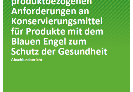 grüne Titelseite des TEXTE-Bands 174/2020 des Umweltbundesamtes mit dem Titel "Weiterentwicklung der produktbezogenen Anforderungen an Konservierungsmittel für Produkte mit dem Blauen Engel zum Schutz der Gesundheit"