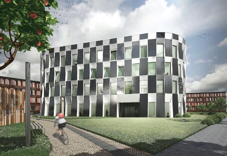 Computersimulation eines modernen vierstöckigen Gebäudes, die Fassade hat ein schachbrettartiges Muster aus weißen und schwarzen Rechtecken, im Hintergrund das jetzige UBA-Gebäude, im Vordergrund gehen Personen spazieren oder sitzen auf einer Rasenfläche