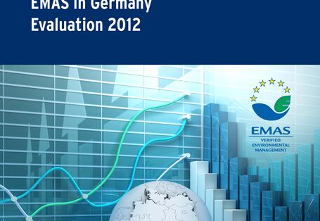 Cover of the brochure "EMAS in Germany - Evaluation 2012", on the cover a map of Germany, diagrams and the logos of the Federal Environment Ministry, the Federal Environment Agency and EMAS